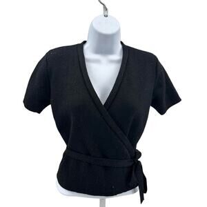 Gap Wrap Top Womens M Black Sparkle Wool Blend Knit Short Sleeve Cropped V-Neck